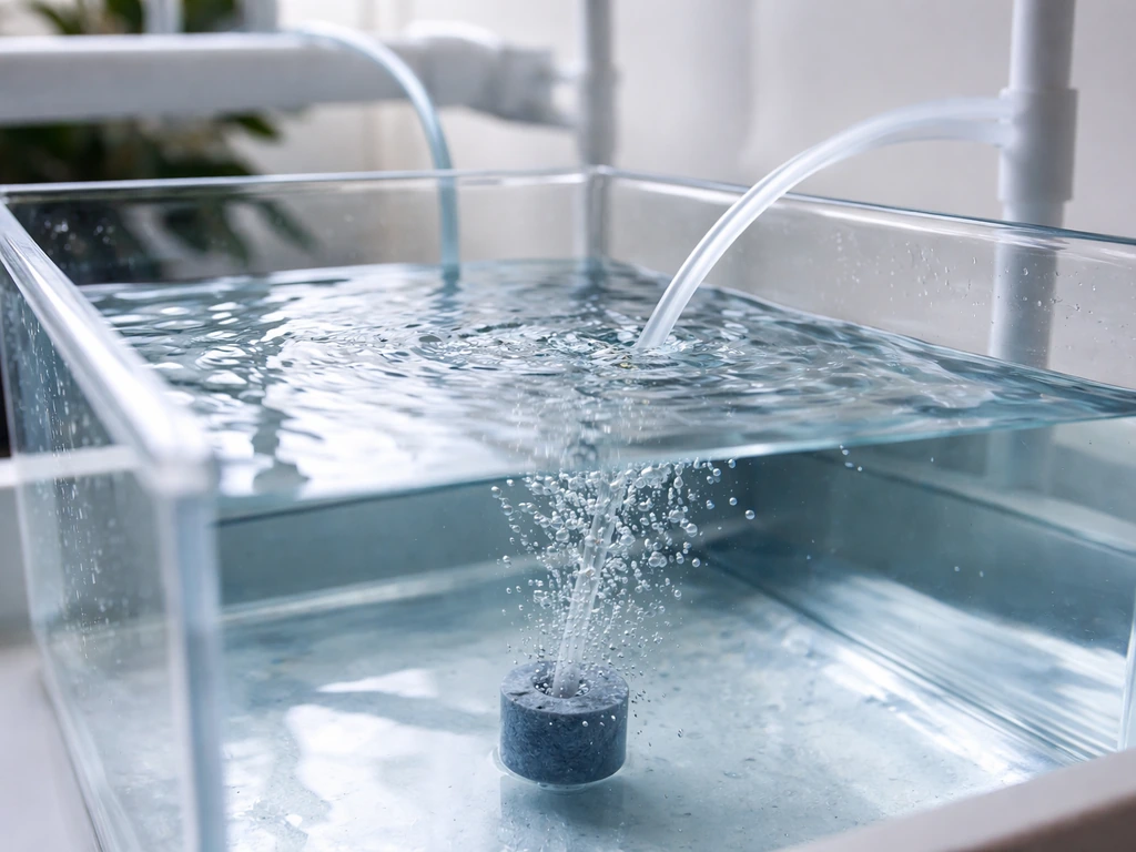 Close-up of hydroponic nutrient tank with an air stone bubbling to oxygenate the solution.