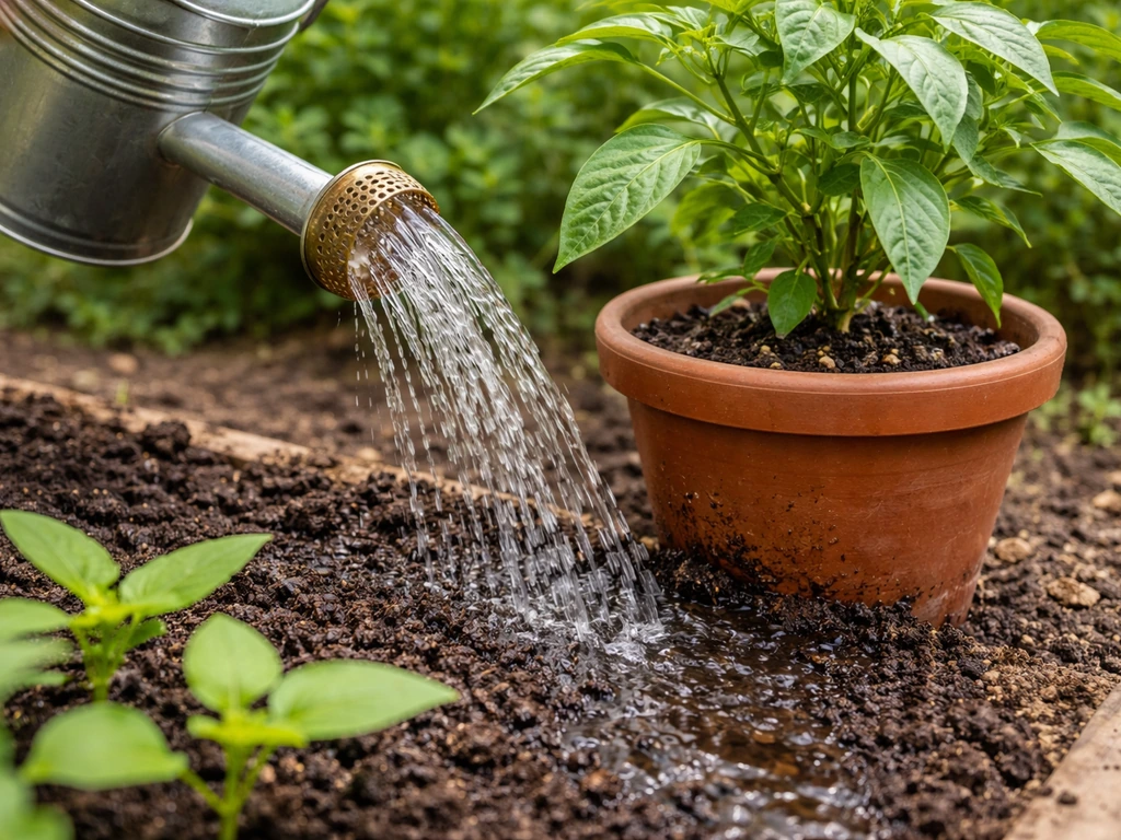 A potted plant in a garden bed being watered with diluted fish fertilizer from a watering can.