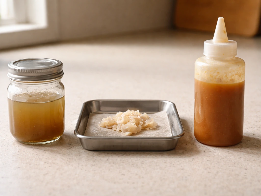 Three small containers on a countertop showing fresh fish waste, aquarium water, and fish emulsion.