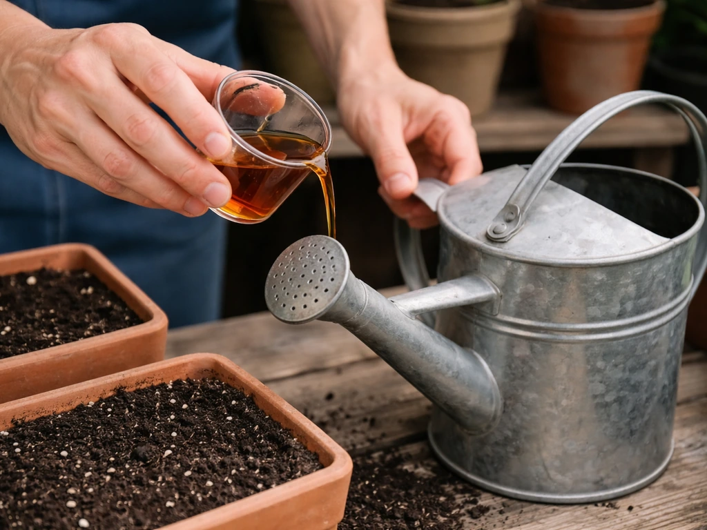 Hands diluting fish emulsion and pouring it into a watering can to drench soil safely.
