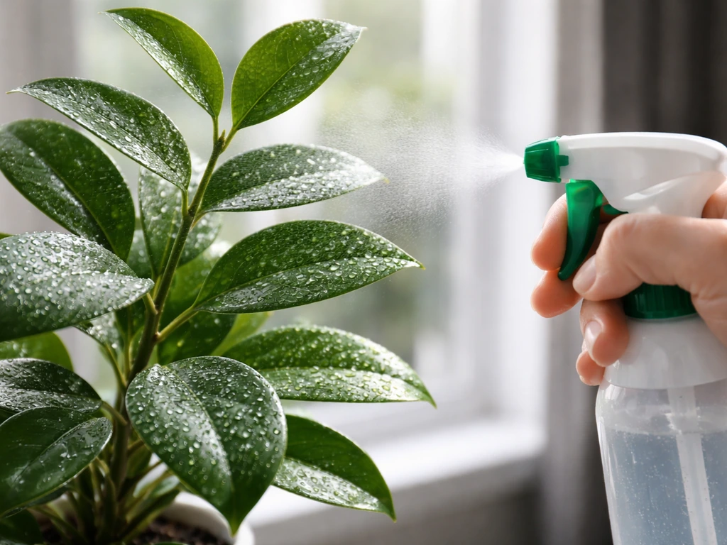 Early morning foliar spraying: a misting bottle sprayer applying diluted fish emulsion to healthy green leaves.