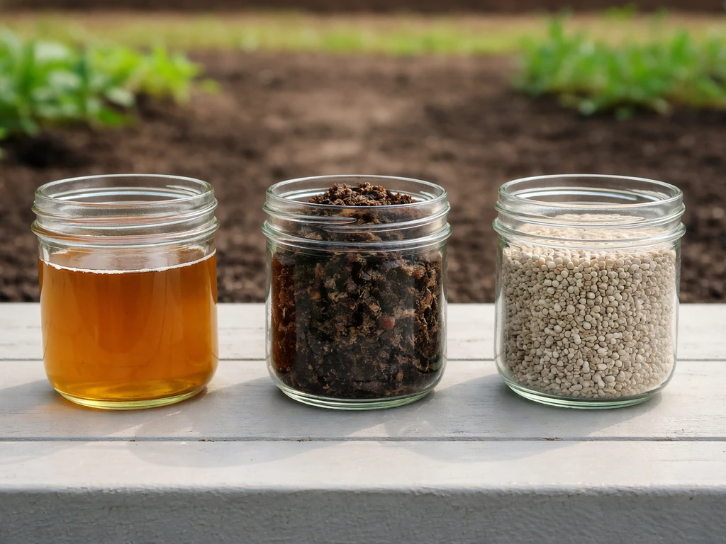 Three containers side by side: fish emulsion liquid, composted fish waste, and synthetic fertilizer granules.