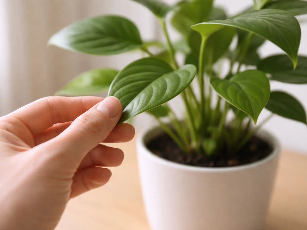 A hand gently inspects a healthy potted houseplant leaf in natural light.