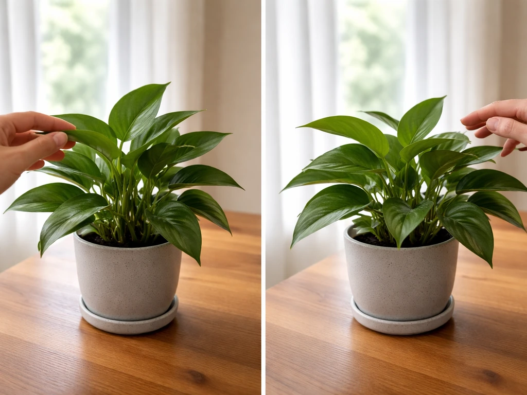 Two hands gently touching a leafy houseplant: one stroking leaves, one lightly brushing past without contact