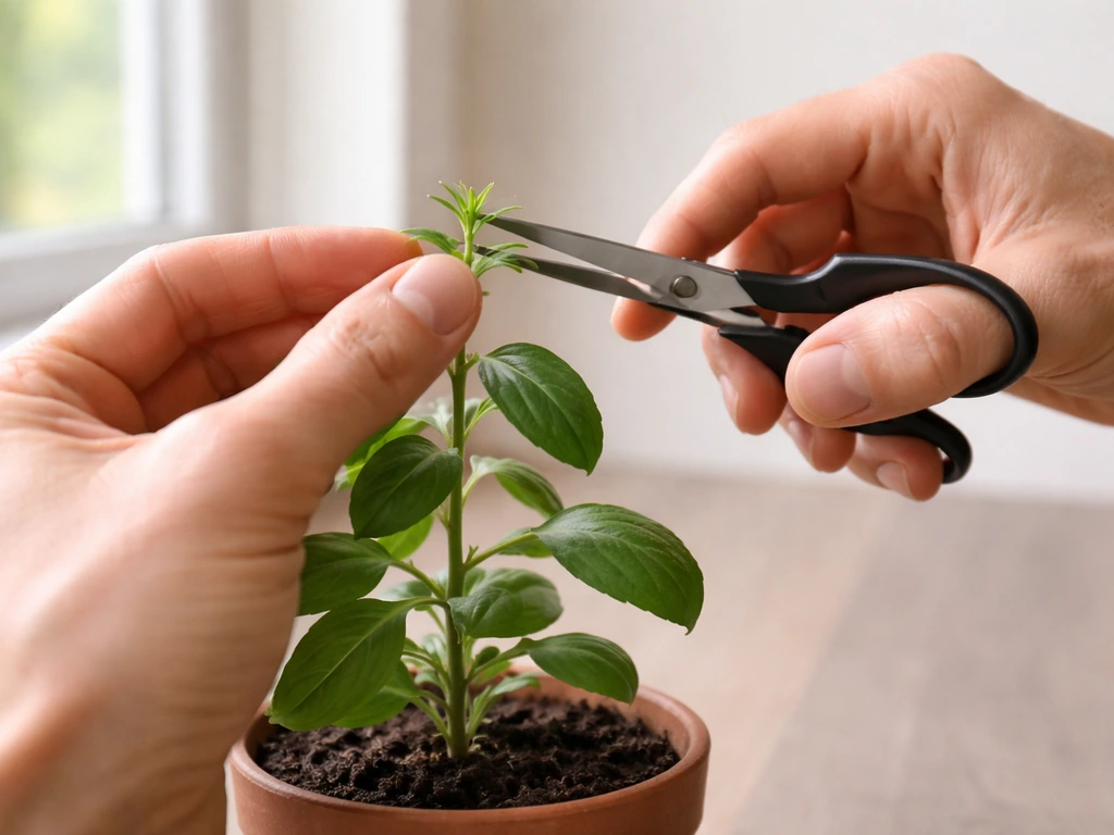 Hands using clean scissors to pinch off the plant’s growing tip on a potted plant indoors.
