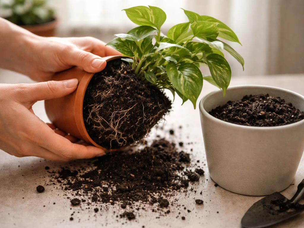 Hands removing a root-bound plant and placing it into a fresh potting mix.