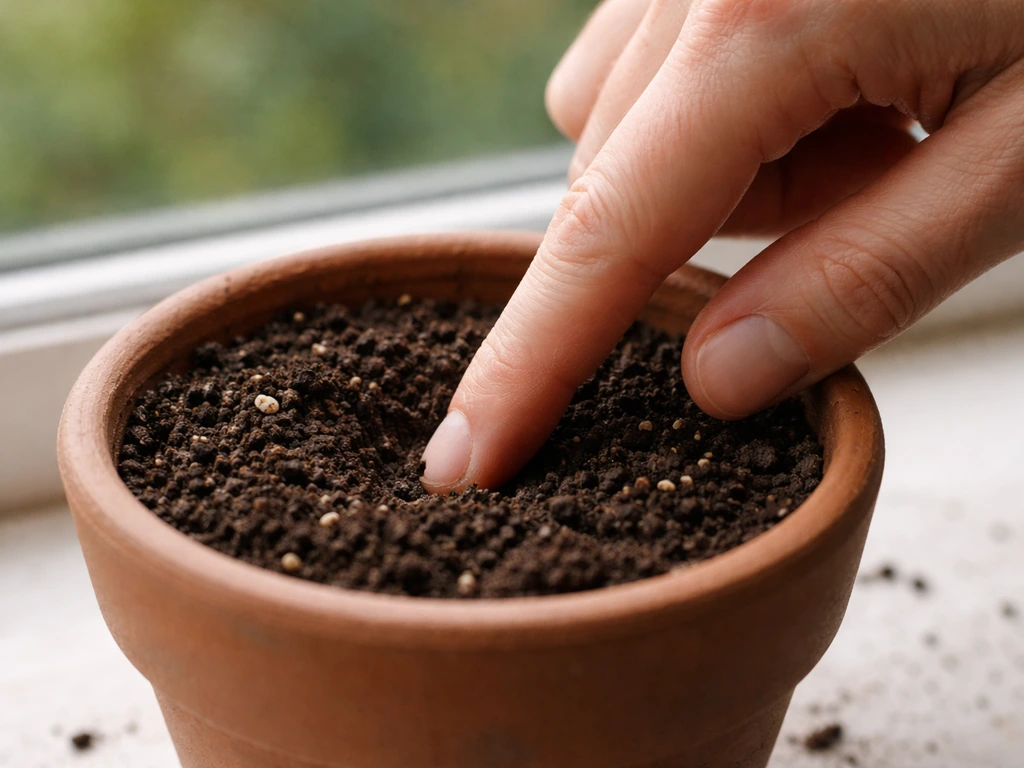 Close-up of a hand gently inserting a finger into soil in a small pot to check moisture