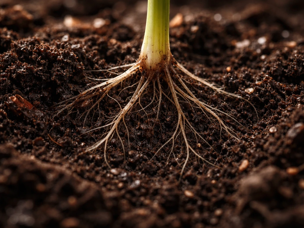 Close-up of healthy plant roots in dark, crumbly fertile soil with moisture and organic matter.