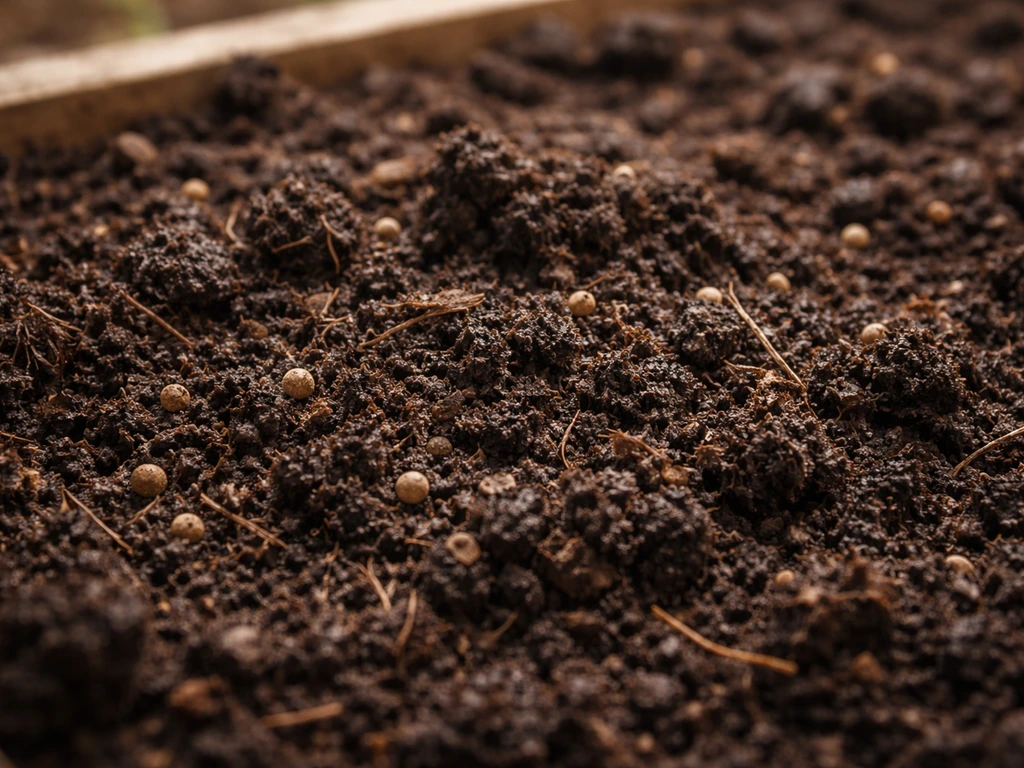 Macro close-up of dark fertile soil with compost bits and a few scattered nutrient granules.