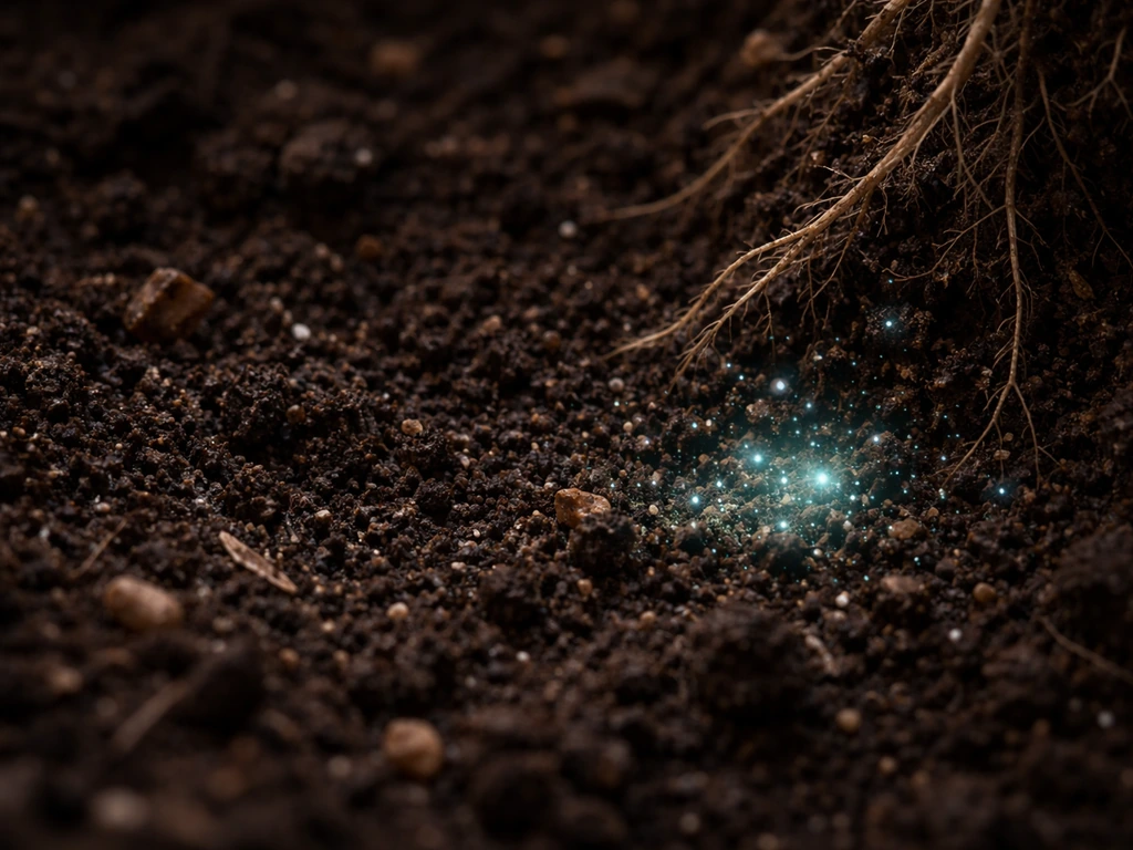 Close-up of nutrient-rich soil and roots with subtle glowing microbial specks near the root zone.