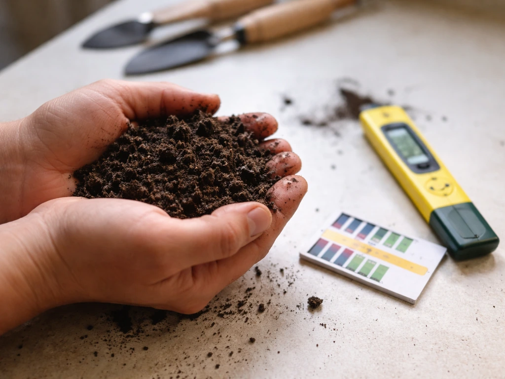 Close-up of anonymous hands holding soil sample with a pH strip and small pH meter on a countertop.