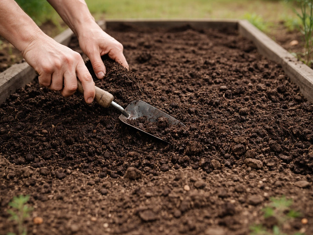 Hands spreading finished compost over a garden bed, lightly mixing it into existing soil