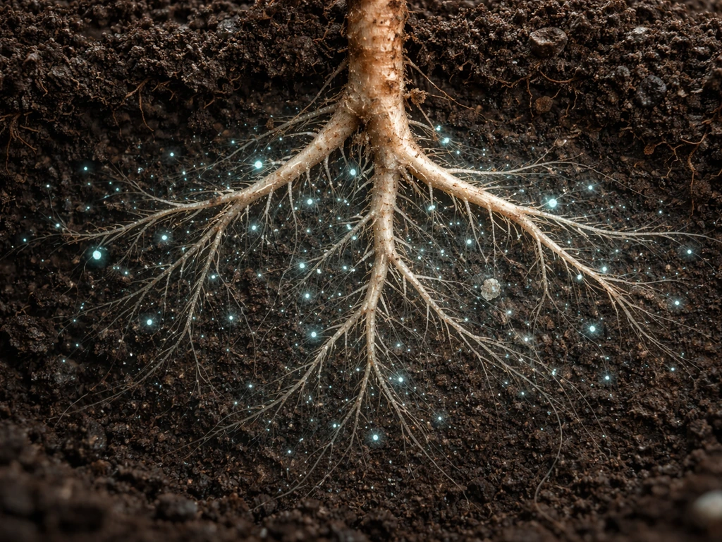 Cross-section of plant roots in soil with microbe-like bacteria and mycorrhizal hyphae in the rhizosphere