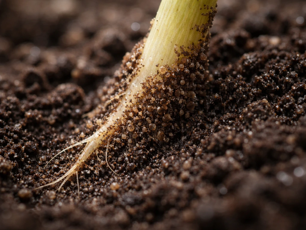Macro close-up of a plant root in moist soil with a thin rhizosphere-like halo of particles around it