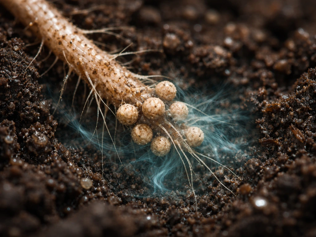 Macro view of a plant root with nodule-like structures in moist soil and subtle color plumes showing nitrogen fixation.