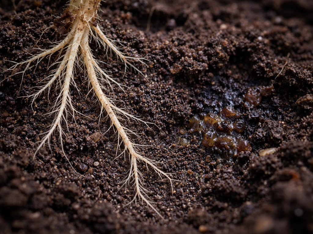 Close-up of healthy plant root hairs in soil beside a small localized rotting patch.