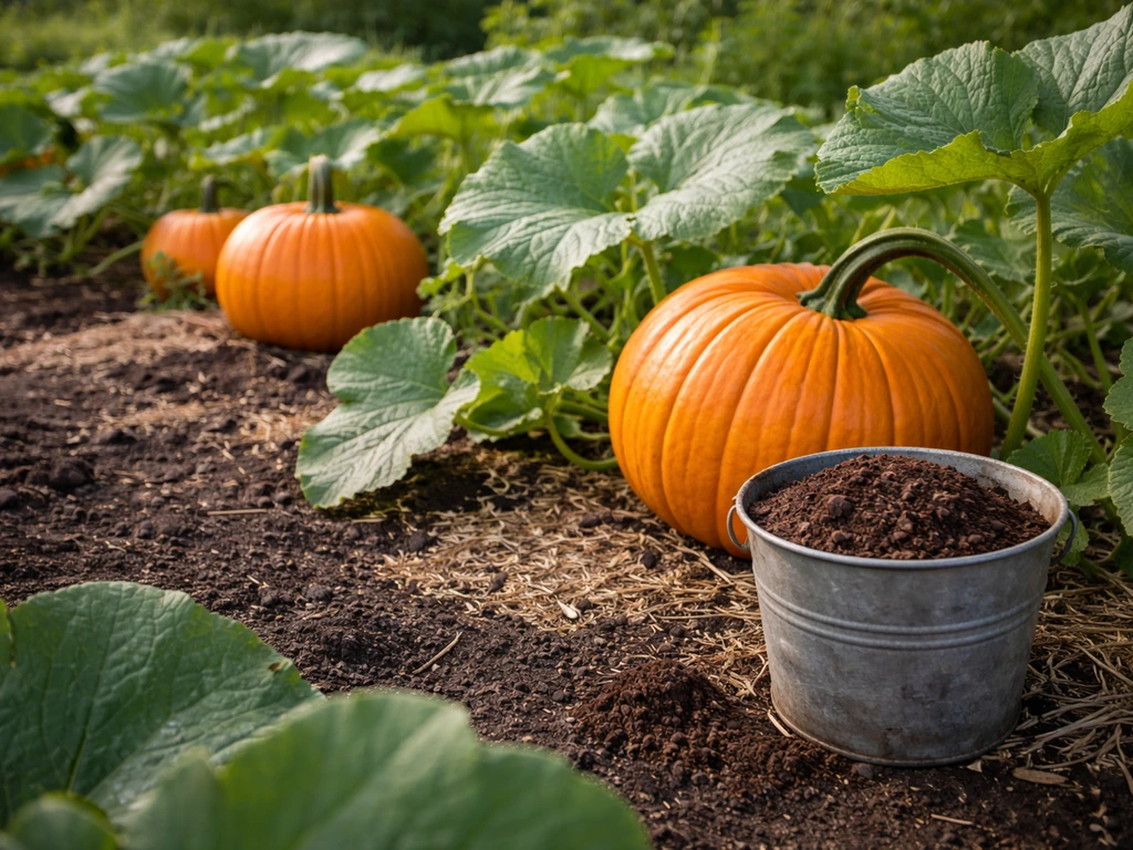 Healthy pumpkin patch with a small bucket of coffee grounds beside the vines in a sunny garden bed.