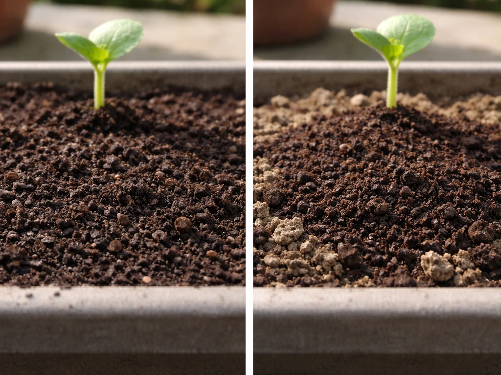 Closeup side-by-side soil beds showing composted coffee grounds mixed in vs raw grounds on top.