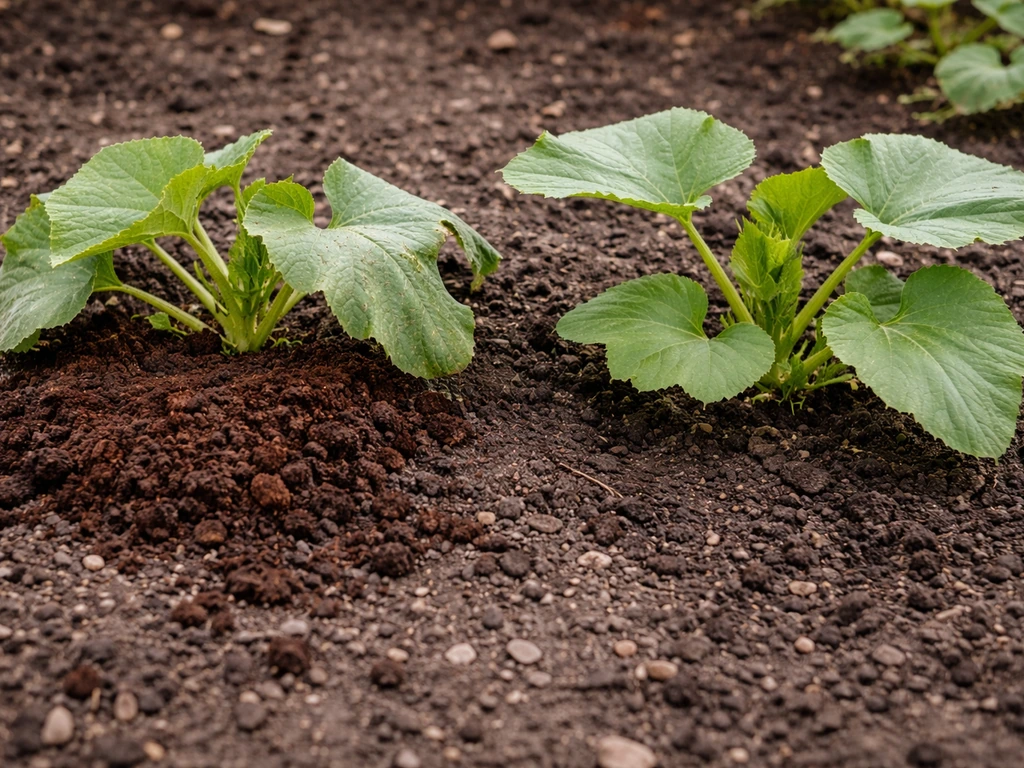 Struggling pumpkin plant with fresh coffee grounds piled in soil beside a healthy pumpkin plant.