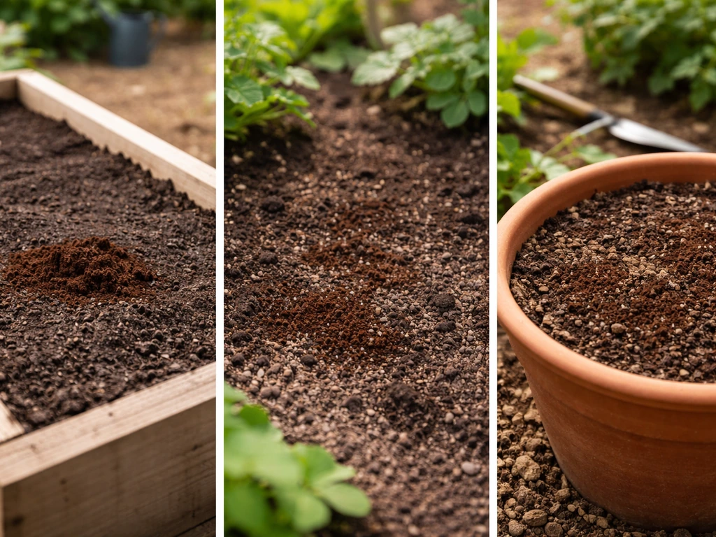 Three-panel photo showing coffee grounds added to a raised bed, an in-ground garden, and a container.
