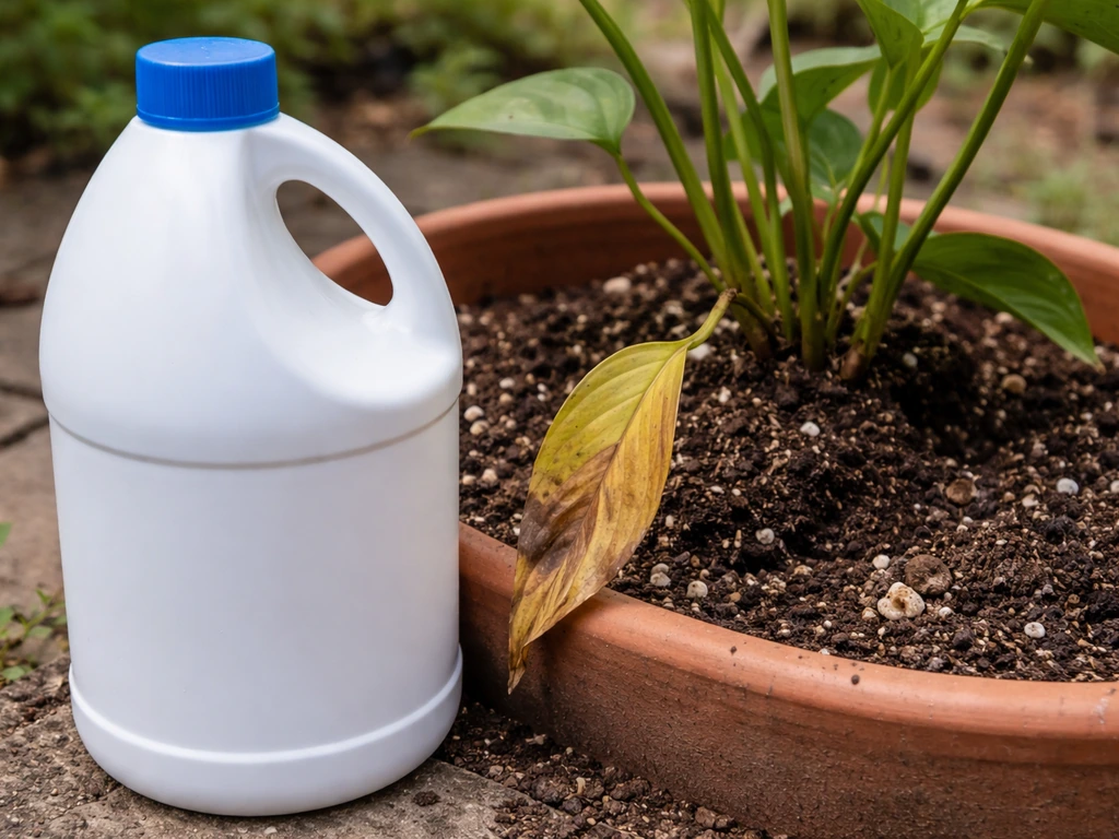 Bleach bottle beside a potted plant with wilted leaf, visually signaling bleach won’t help growth.