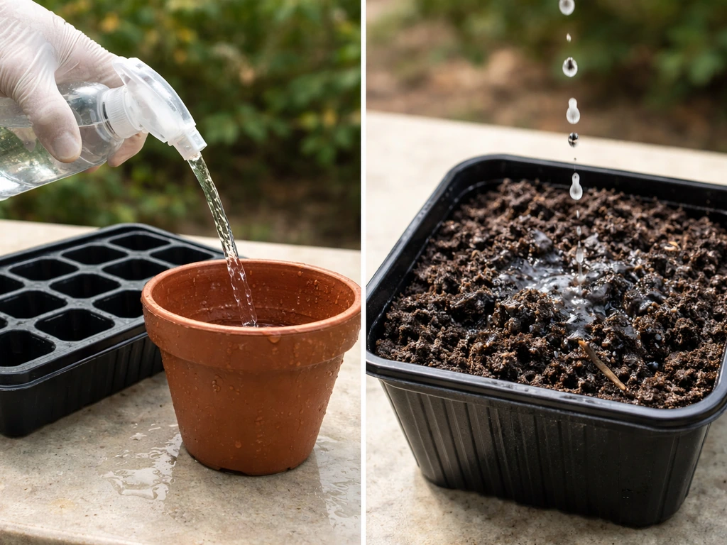 Split image: disinfecting empty pot/tray on the left; bleach harming soil/potting mix on the right.