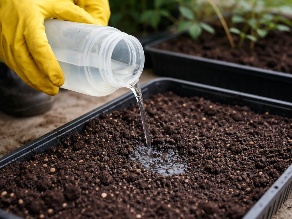 Gloved hands pouring diluted bleach solution onto potting soil in a small bed, risky gardening practice.