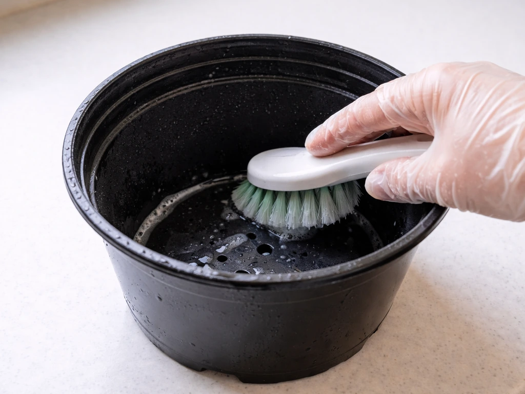 Empty plastic pot being scrubbed with a diluted non-scented bleach solution, with gloves and brush visible.