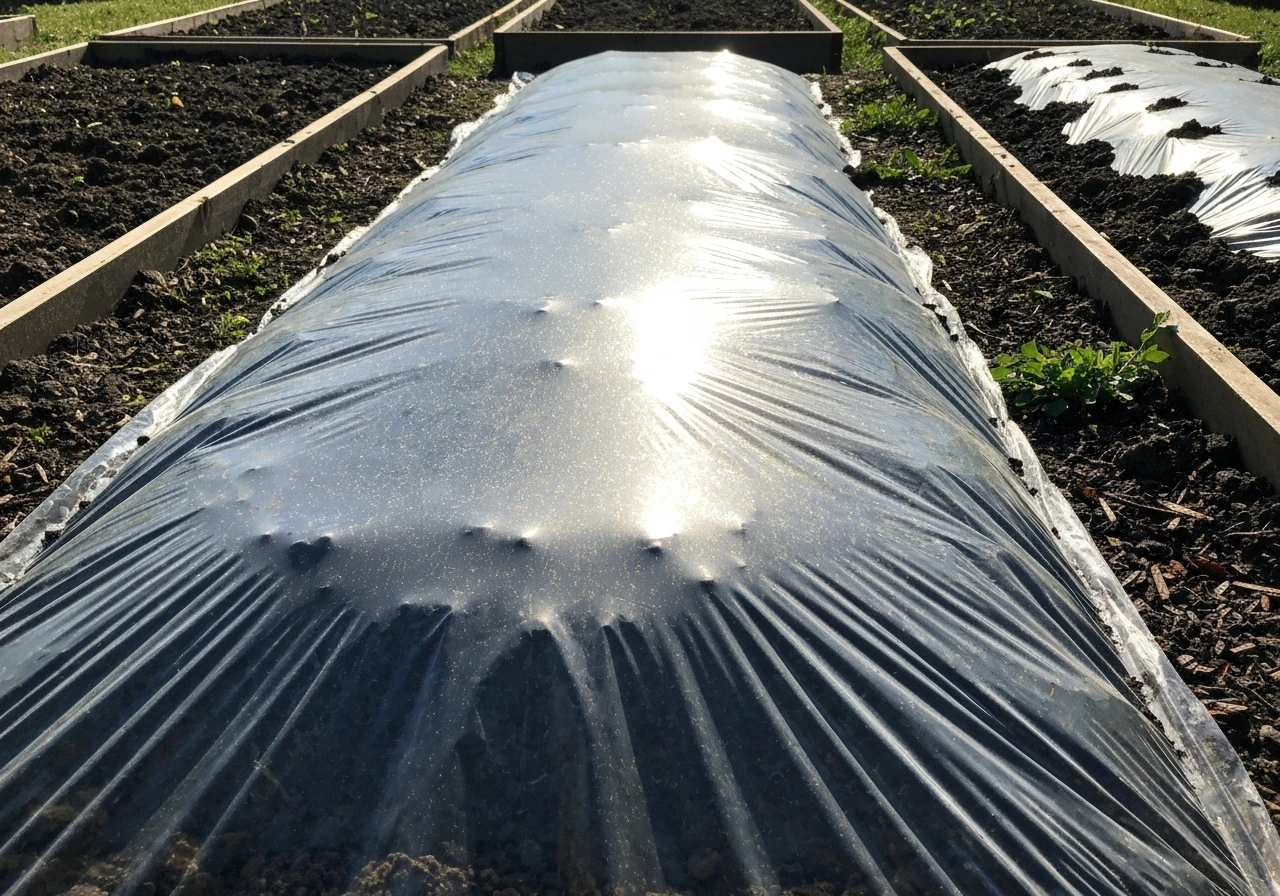 Clear plastic sheeting covers moist soil in a garden bed for solarization under bright sunlight.