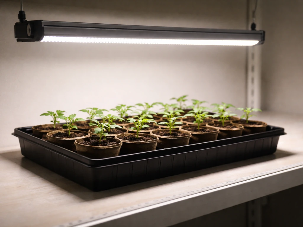 Minimal indoor grow light over small seedlings, showing adjustable LED bar and realistic light spill
