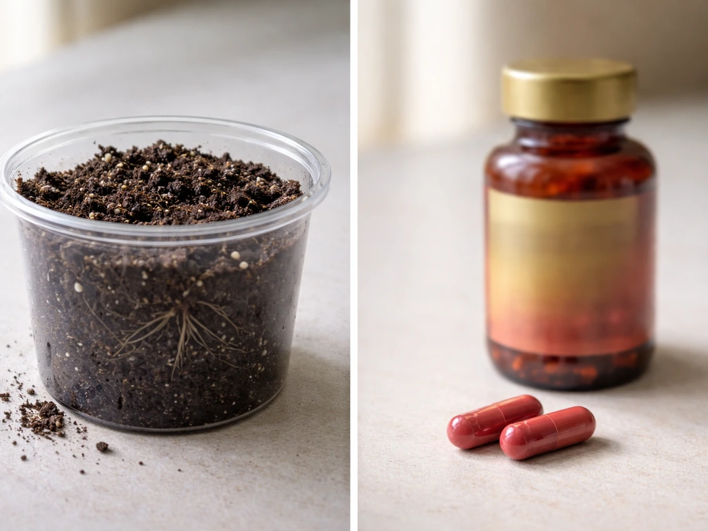 Close-up: plant roots in soil beside an out-of-focus B12 supplement bottle to show B12 isn’t a direct plant nutrient.