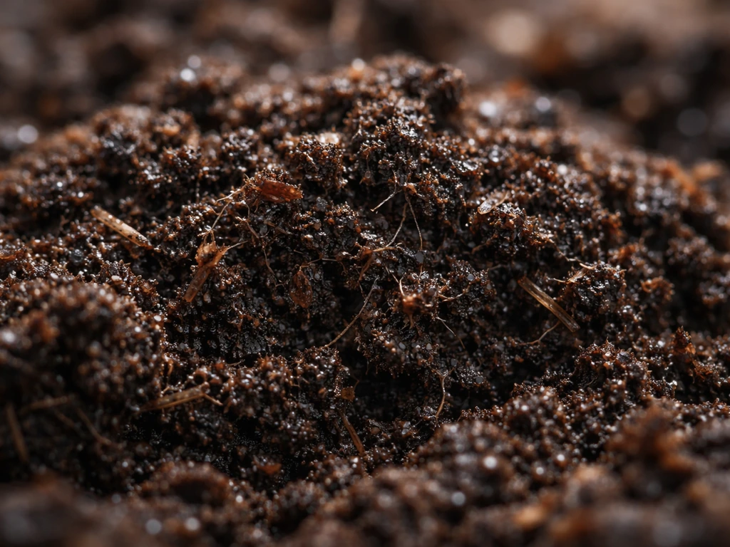 Macro view of crumbly dark compost and soil with subtle microbial-looking textures and moisture