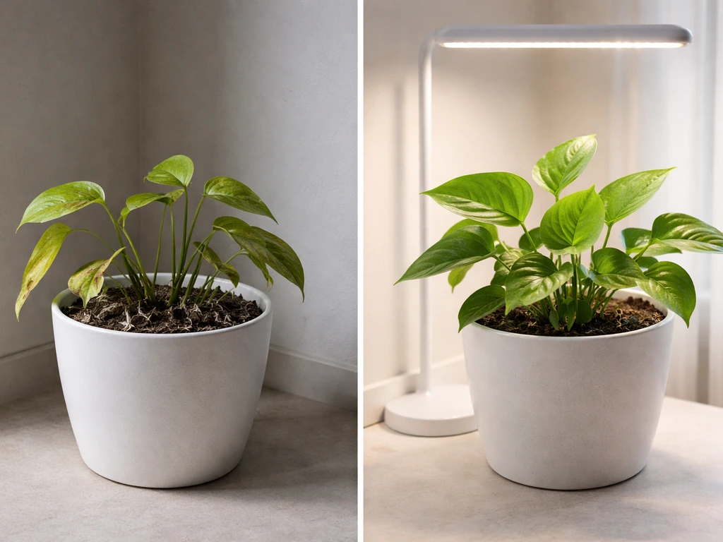 Split before/after photo of a droopy indoor plant left and a healthy thriving plant under a light right.