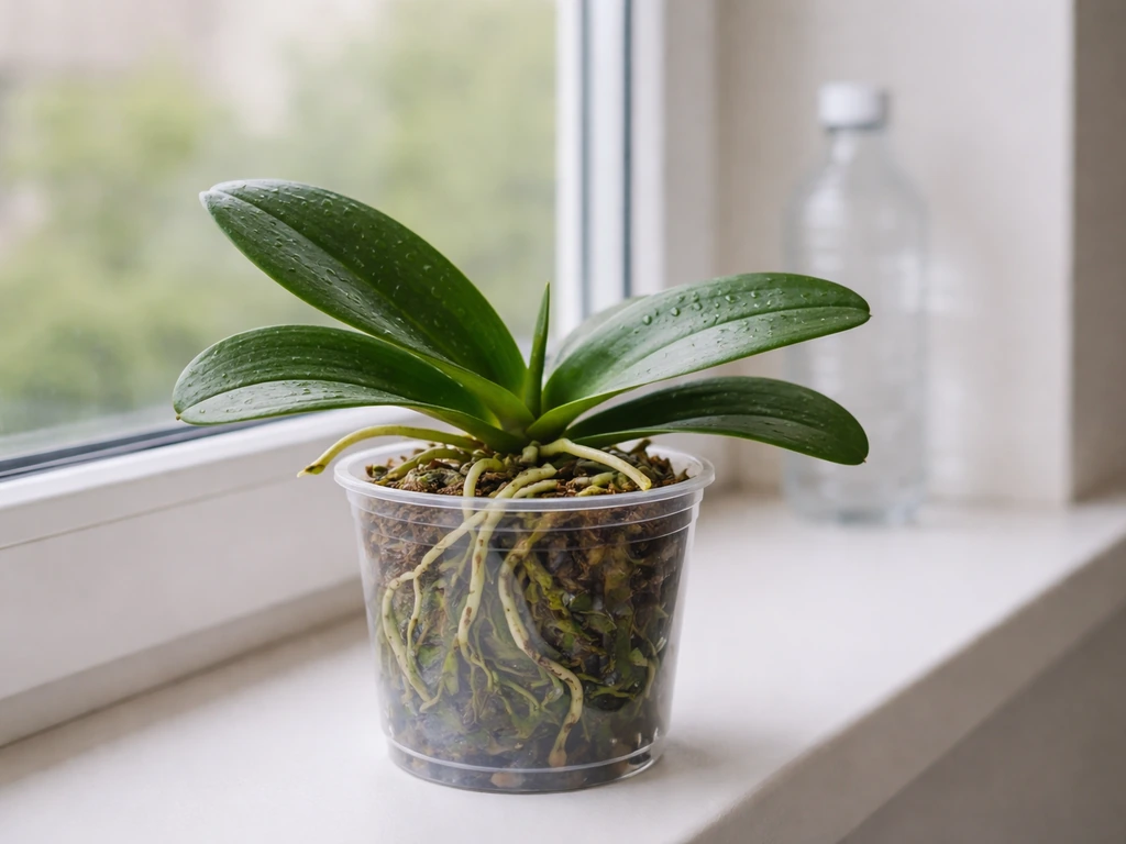 Close-up of a healthy orchid with fresh green leaves and visible roots, soda bottle blurred behind
