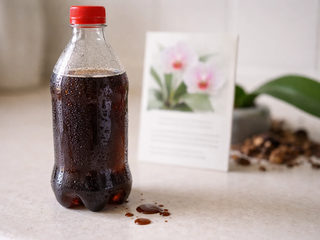 Close-up of cola bottle with dark droplets beside a generic orchid care guide on a counter.
