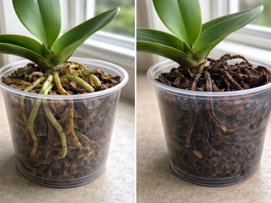 Two close-up orchid roots in separate small containers: healthy roots light-colored vs rotted roots dark and mushy.