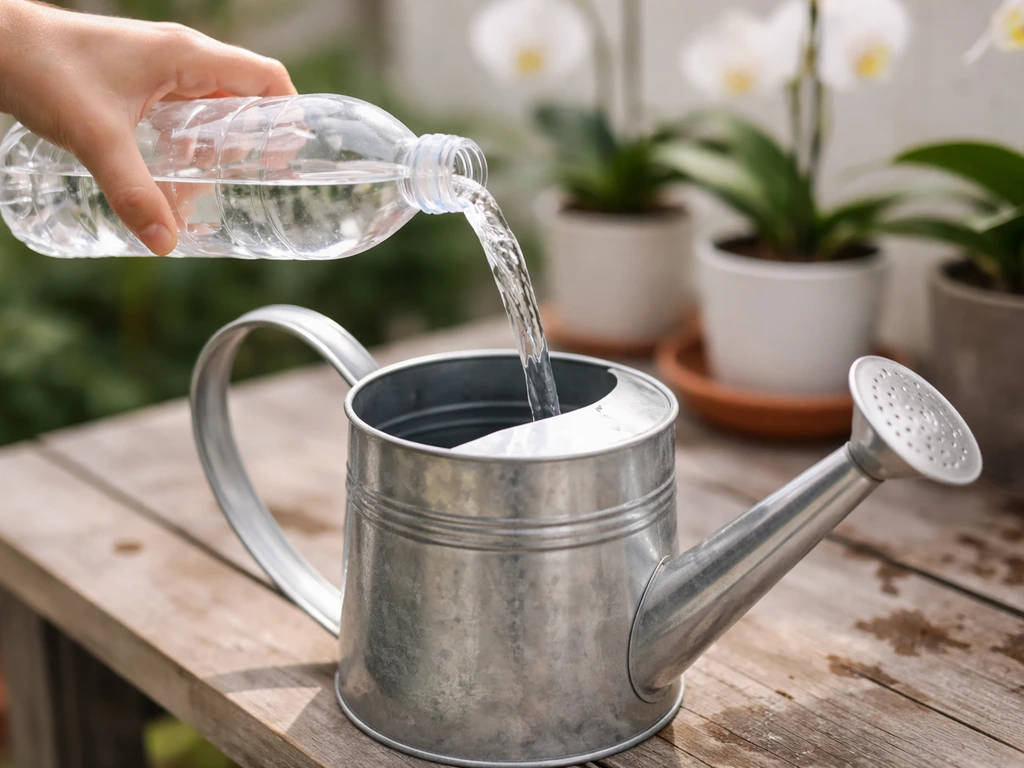 Hands filling a watering can with balanced orchid fertilizer solution in a bright home garden setting.