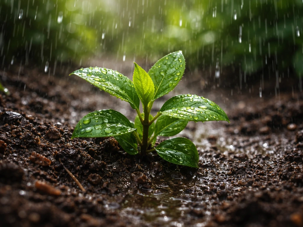 Fresh rain droplets hitting green leaves and newly soaked soil in a minimal garden bed.