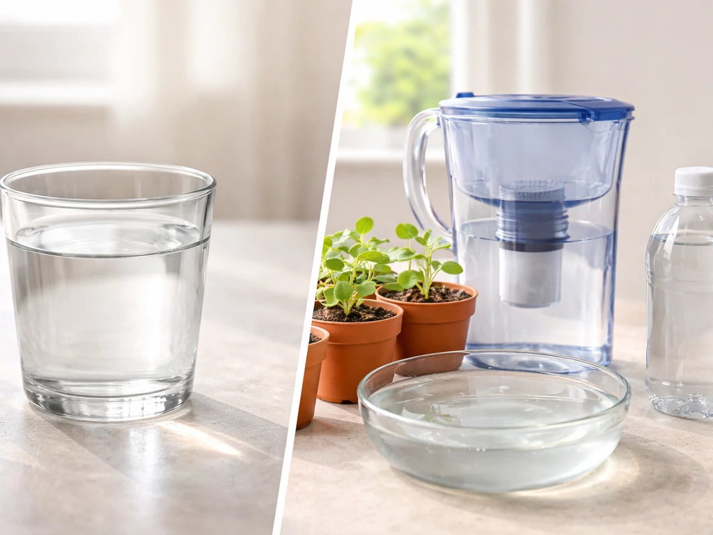 Split-view still life of tap, rain, filtered, and RO water beside potted seedlings.