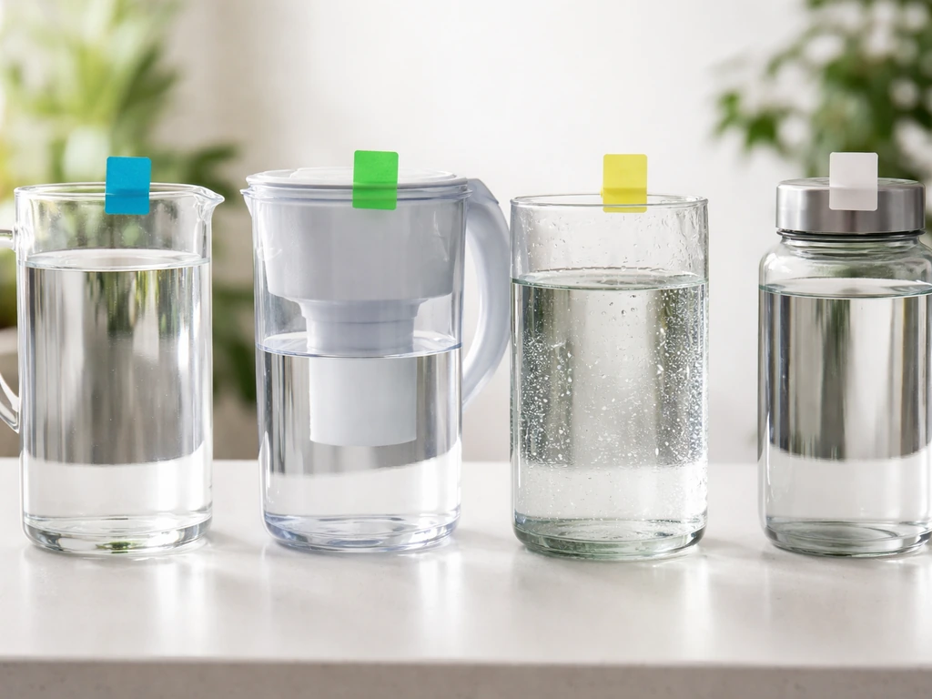 Minimal lineup of four anonymous watering containers with water types, labeled only as plain color-coded tags
