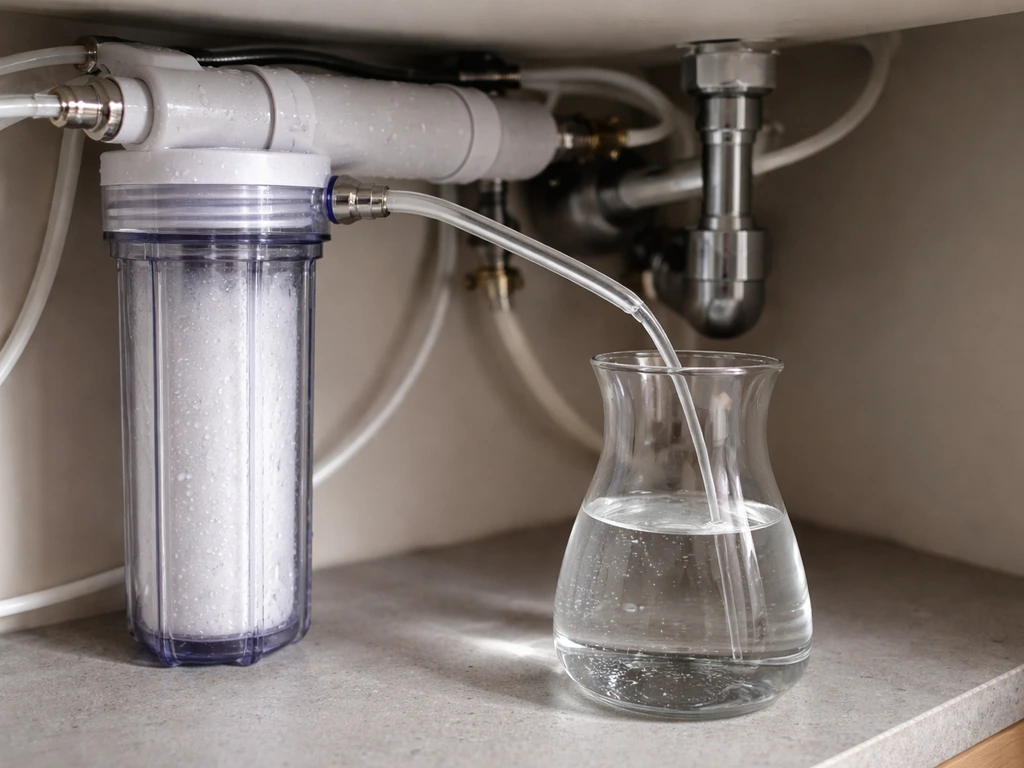 Close-up of a reverse-osmosis filter canister with clear tubing pouring near-pure water into a carafe.