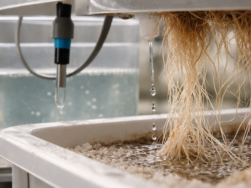 Hydroponic reservoir with pH probe and clear nutrient stream falling onto white root zone