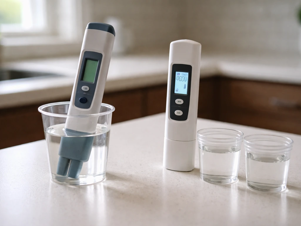 Kitchen counter setup with a pH pen in a sample cup and a TDS/EC meter next to water samples.