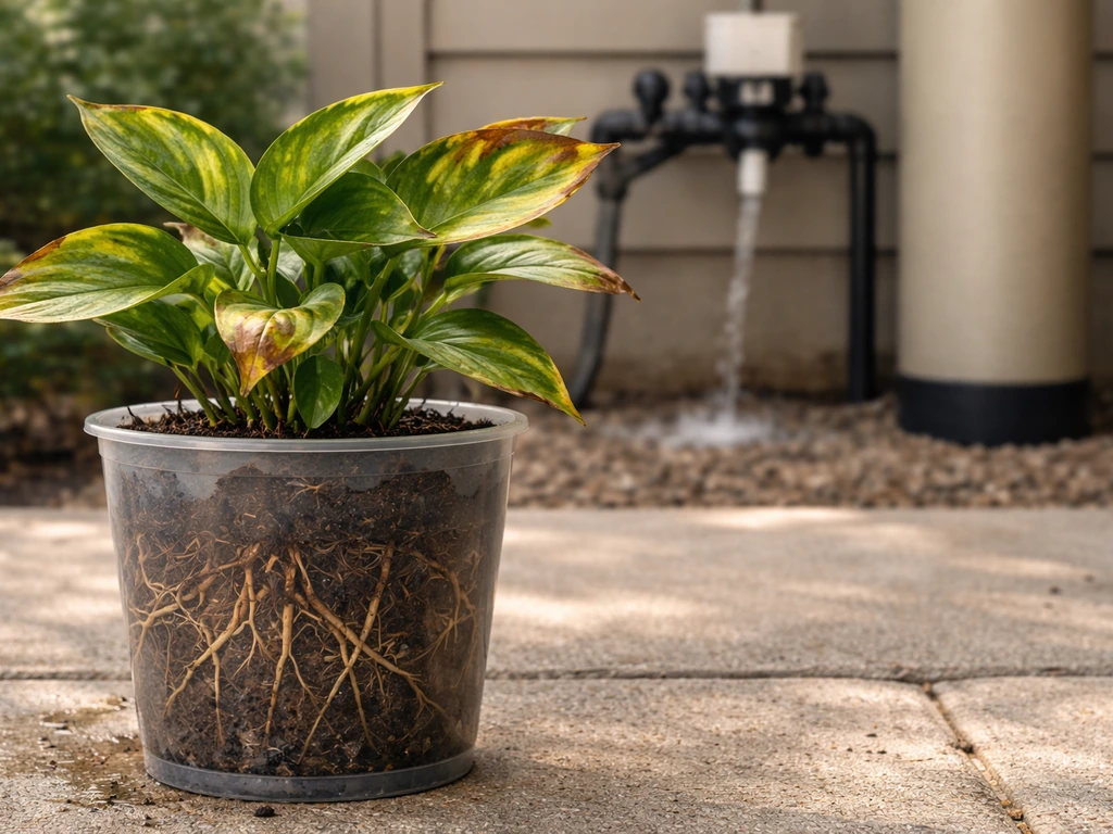 Potted plant with stressed roots and leaf-edge burn in front of a softly blurred water softener outlet and brine tank.