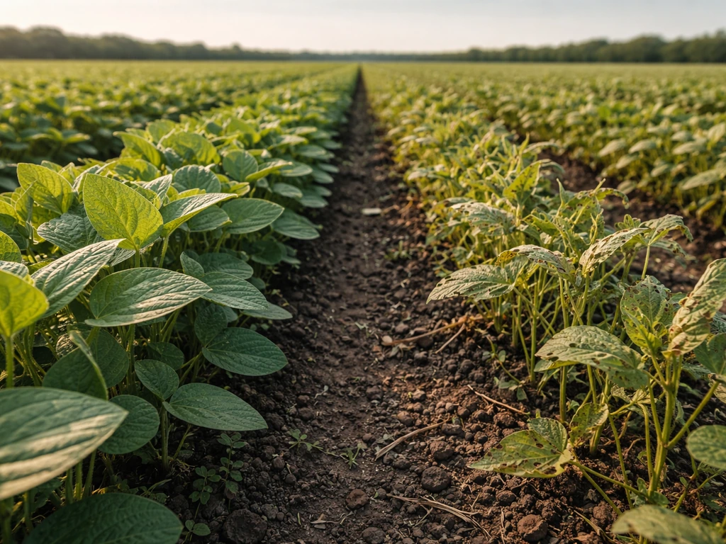 Crop rows split in two: intact leaves on one side and insect-chewed leaves on the other.