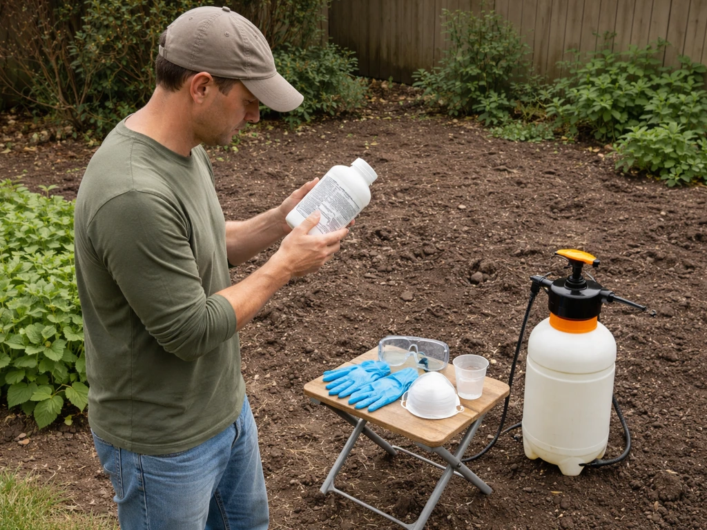 Gloves, goggles, mask and a sprayer beside a pesticide container with its label being read outdoors.