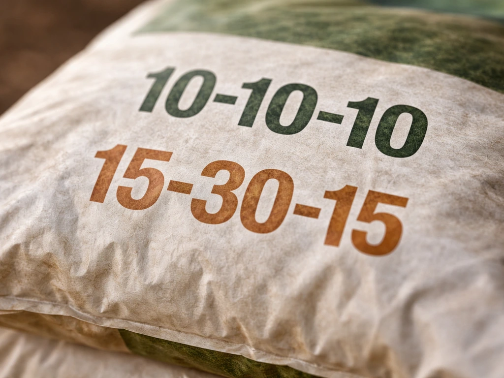 Close-up of a fertilizer label showing the N-P-K numbers like 10-10-10 in sharp focus.