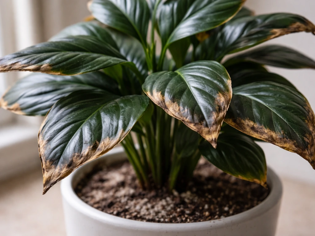 Potted plant with deep green lush leaves showing brown tips from overfertilization and salt buildup.