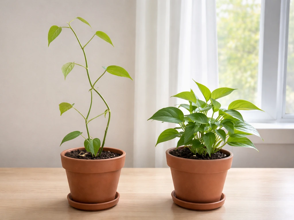 Two houseplants by a window: one tall and spindly, the other shorter and sturdier in brighter light.