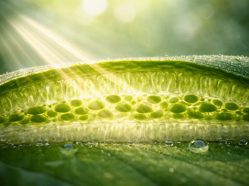 Macro cross-section of a leaf with chloroplasts glowing as light passes through the tissue.